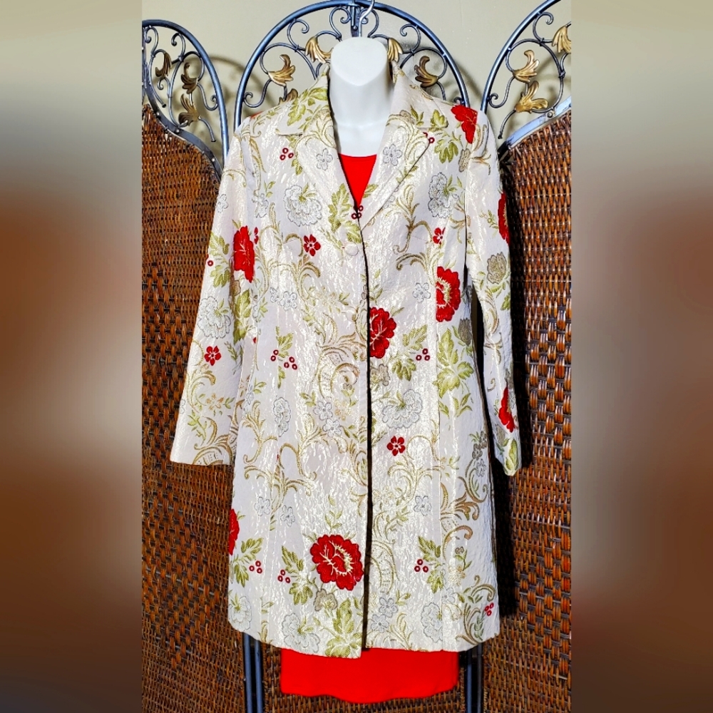 Apostrophe Women's Gold, Green, Red Floral Brocade Embroidered Long Coat